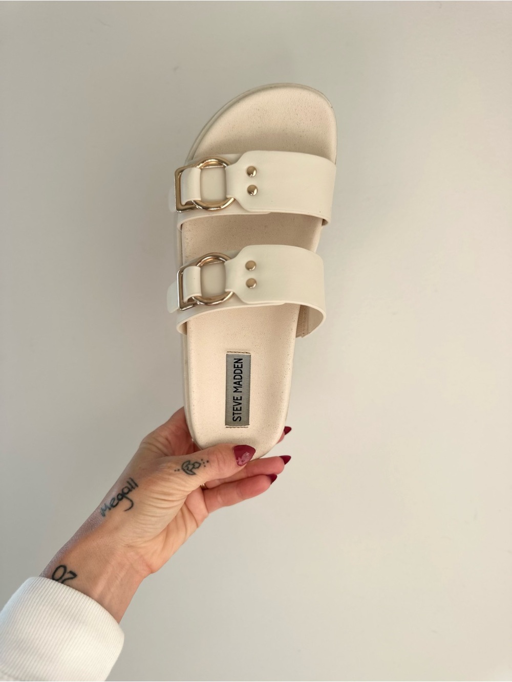 Steve Madden Cream Double-Buckle Slide with Gold Hardware